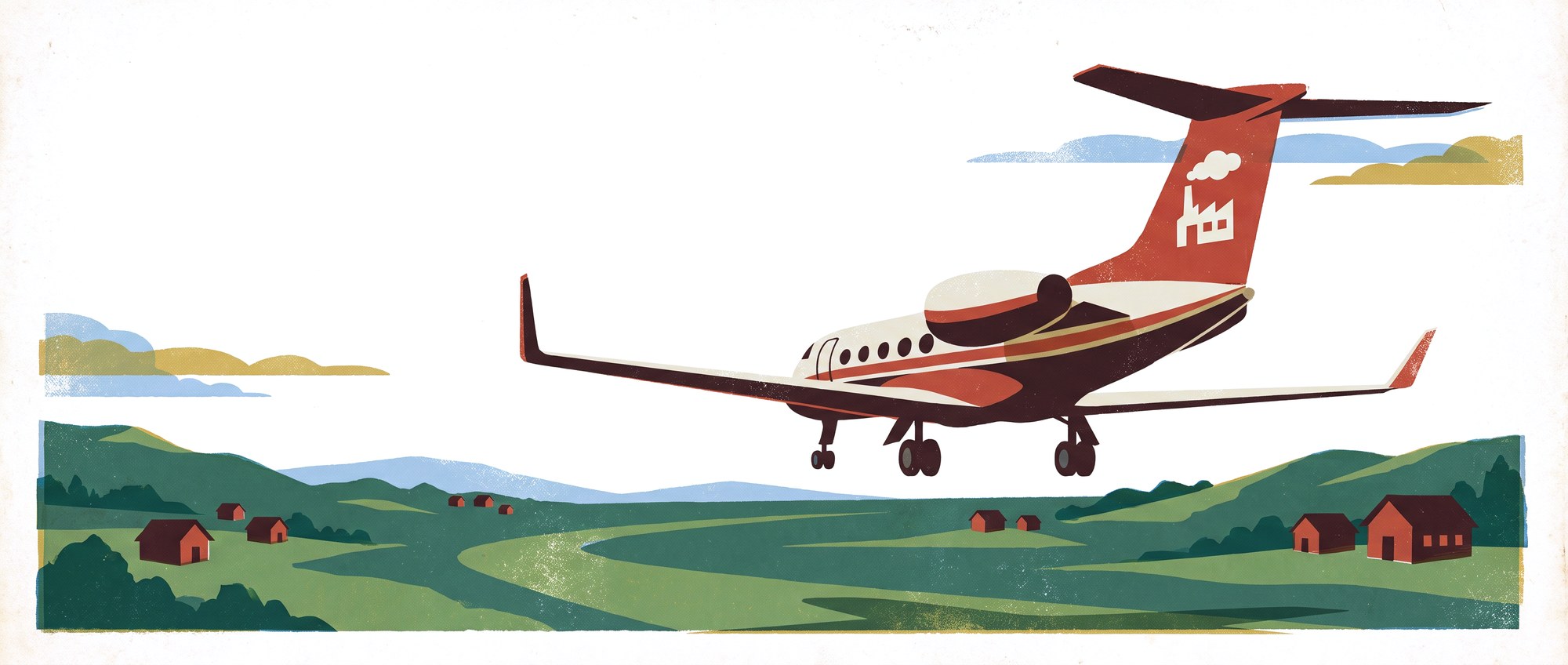 A private jet with a small factory emblem on its red tail, coming in to land over rolling hills, drawn like a vintage travel poster
